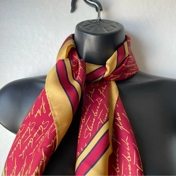 Josh Bach 100% Silk Scarf John Steinbeck Signature Print Red Square 35 x 35 In. - Picture 2 of 11